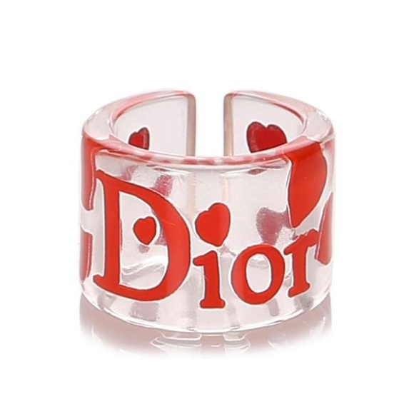 Dior Jewelry - RARE DIOR VINTAGE Lucite Ring Clear Red Hearts Acrylic w Tag & Pouch New Size 6